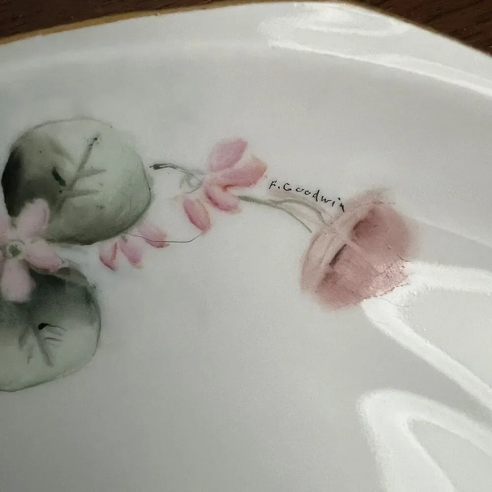 Vintage Hand Painted 2 Round Serving Platters w Handles 1 Bowl Pink Floral Sign